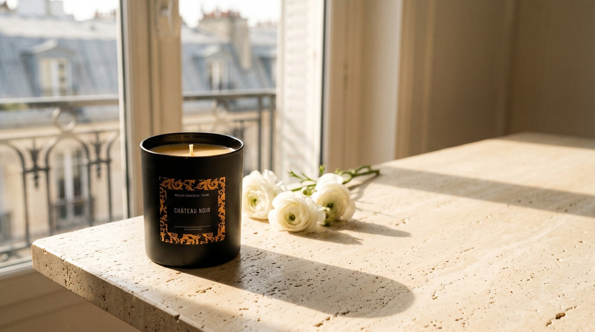 Belle Château Noir candle on a Parisian windowsill