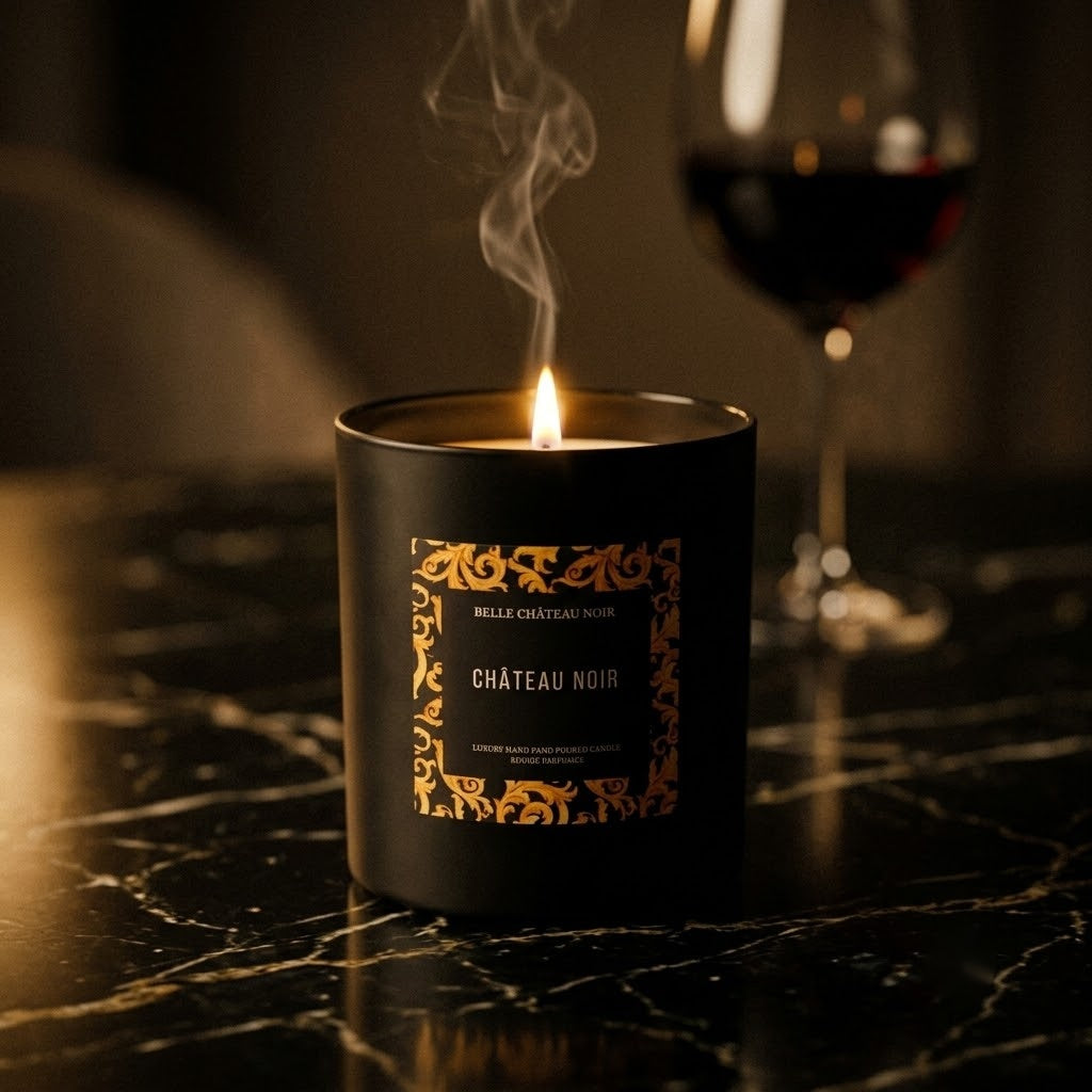 A lit Belle Château Noir candle